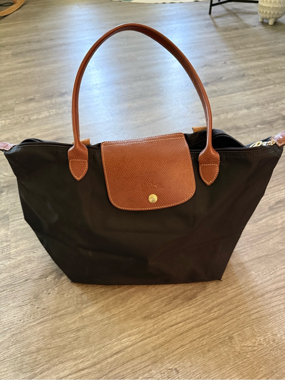 Longchamp Black Nylon Tote with Brown Leather Flap and Handles
